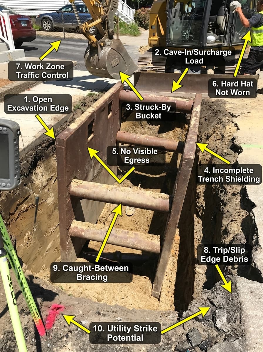 AI-annotated photo showing 10 detected hazards including open excavation edge, cave-in risk, and missing PPE
