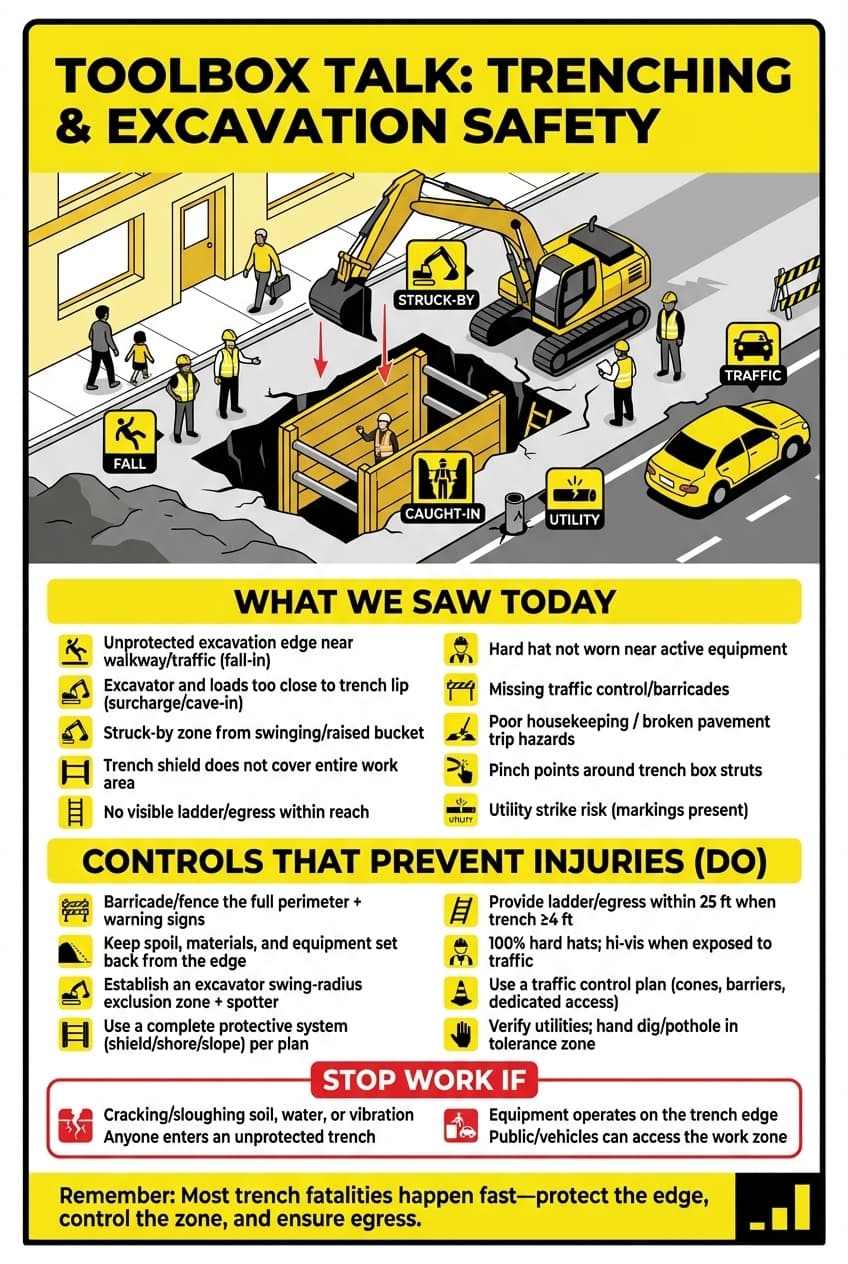 Auto-generated toolbox talk infographic about trenching and excavation safety with hazard illustrations and controls