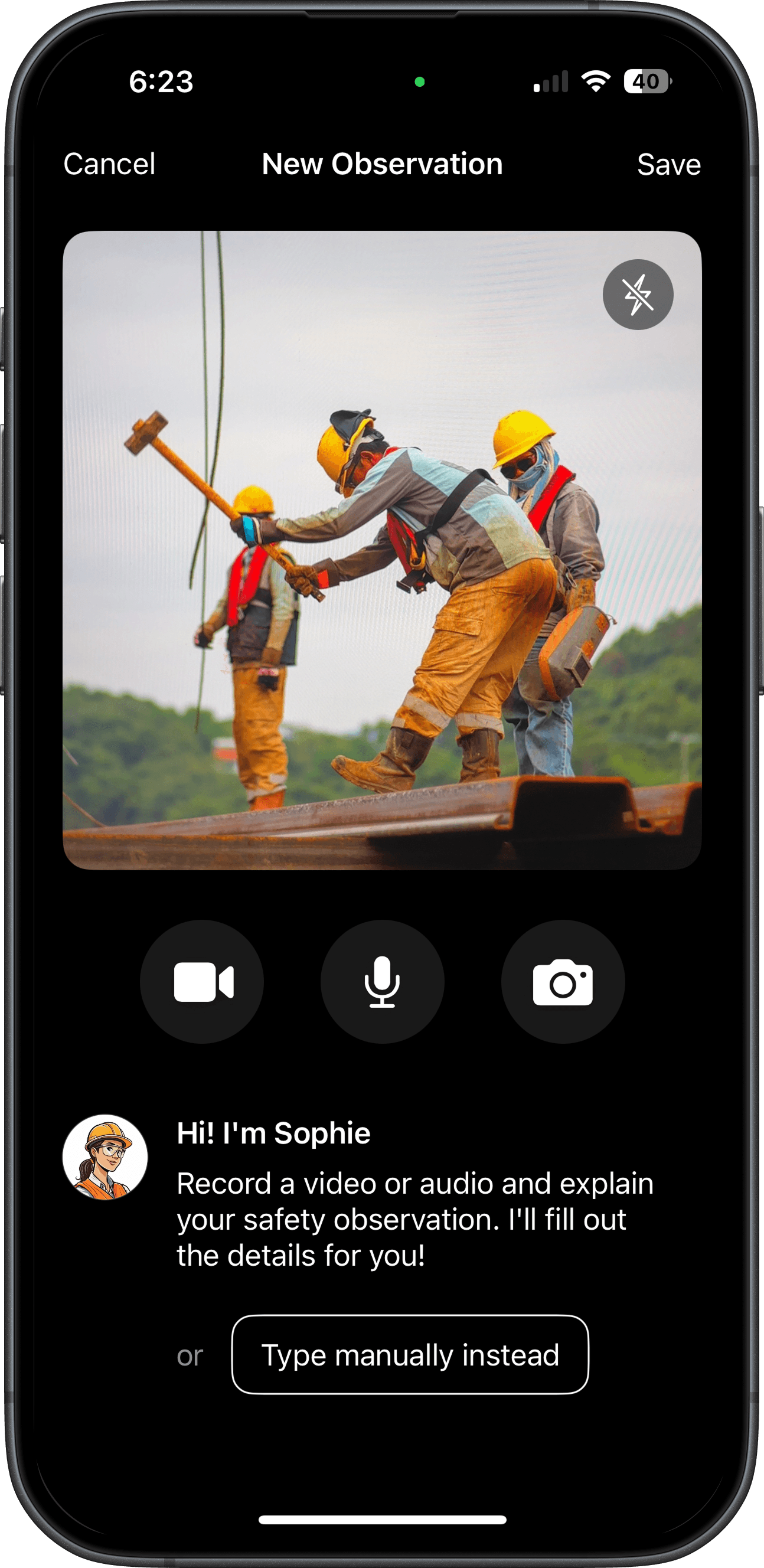 Sophie AI mobile safety observation dark mode - record hazards offline voice-to-form