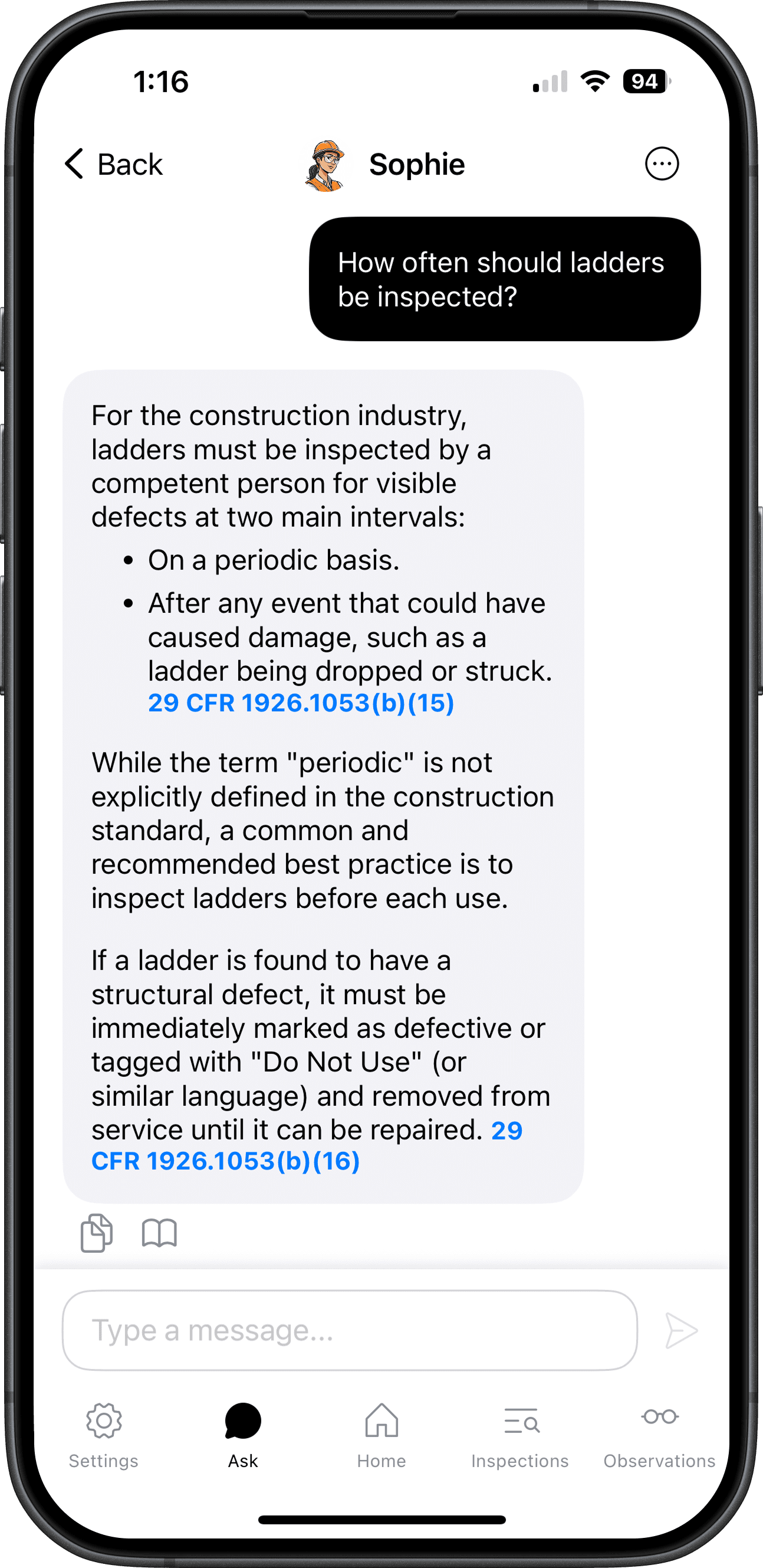 Sophie AI instant safety answers - ladder inspection OSHA compliance chat with citations